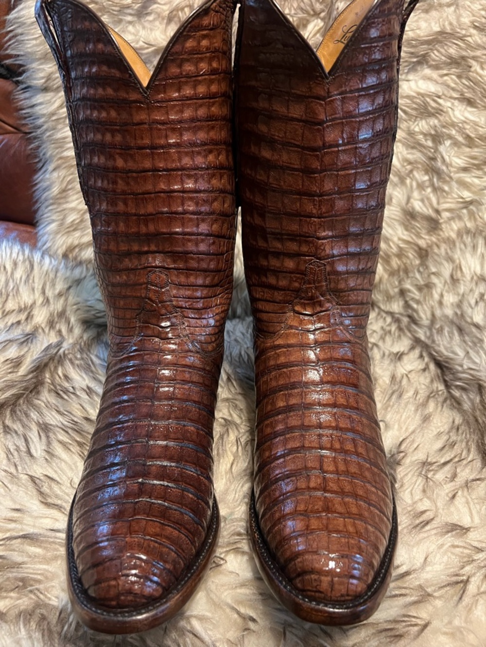 BIG SALE!!Short Time! LUCCHESE men FULL CAIMAN GATOR WESTERN Boots-brown-Sz 9 EE - Picture 2 of 16
